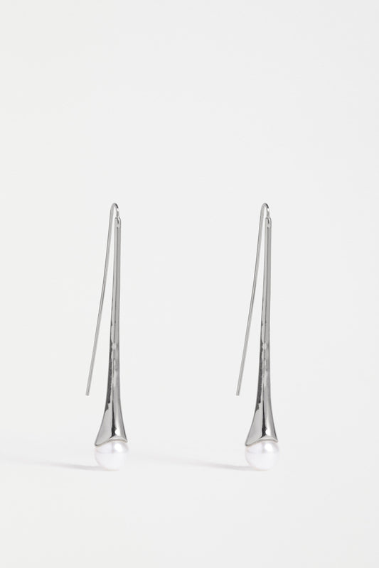 The Orbyn Drop Earring showcases an elongated stem with a faux pearl bead, offering a refined and elegant hook silhouette | GUNMETAL