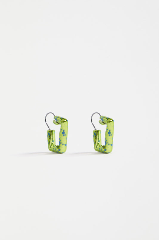The Oban Square Hoop Earring features a bold geometric shape with a glistening bronze base and contrasting enamel splatter finish | ARTICHOKE