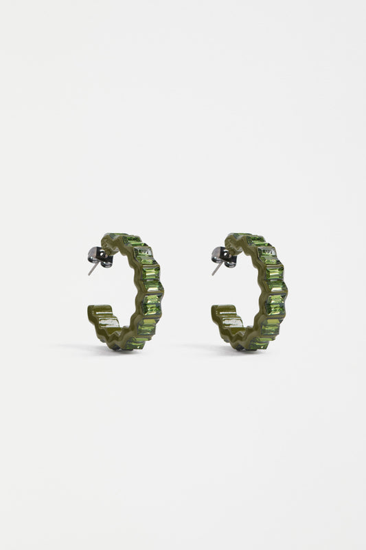 Jolle Mid Sized Zig Zag Coloured Enamel and Pattern Hoop Earring | DARK OLIVE