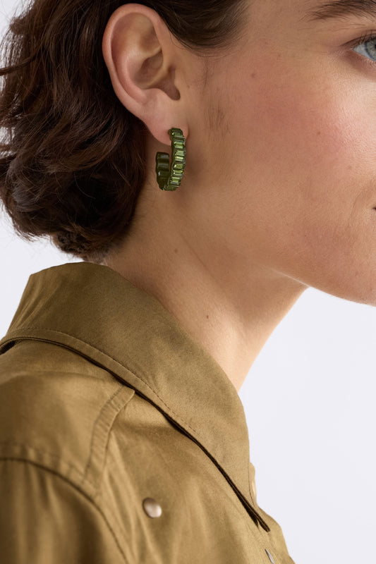 Jolle Mid Sized Zig Zag Coloured Enamel and Pattern Hoop Earring Model Detail | DARK OLIVE
