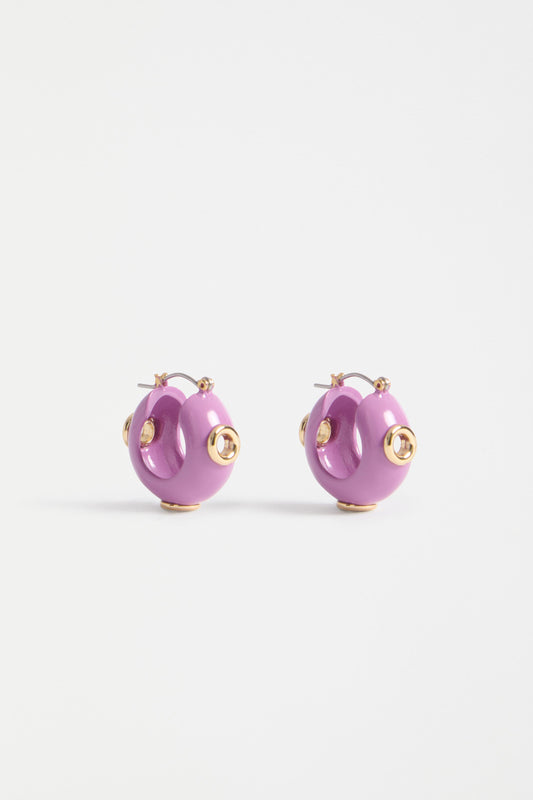 The Jans Hoop Earring features a chunky mini hoop silhouette with glossy enamel and metallic rivet detailing for a bold, playful finish | LILAC