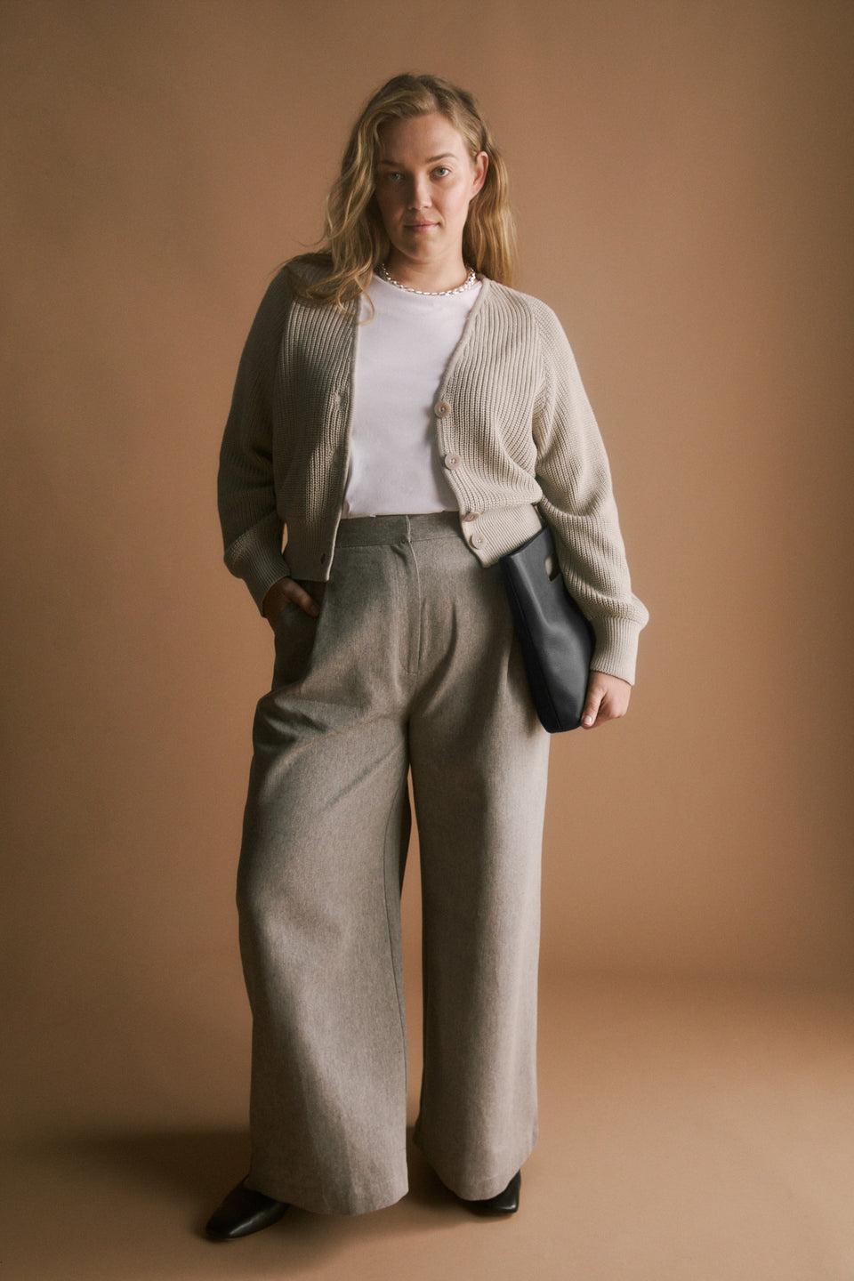 Citte Pant on Model styled with Tee and cardigan campaign | GRAPHITE