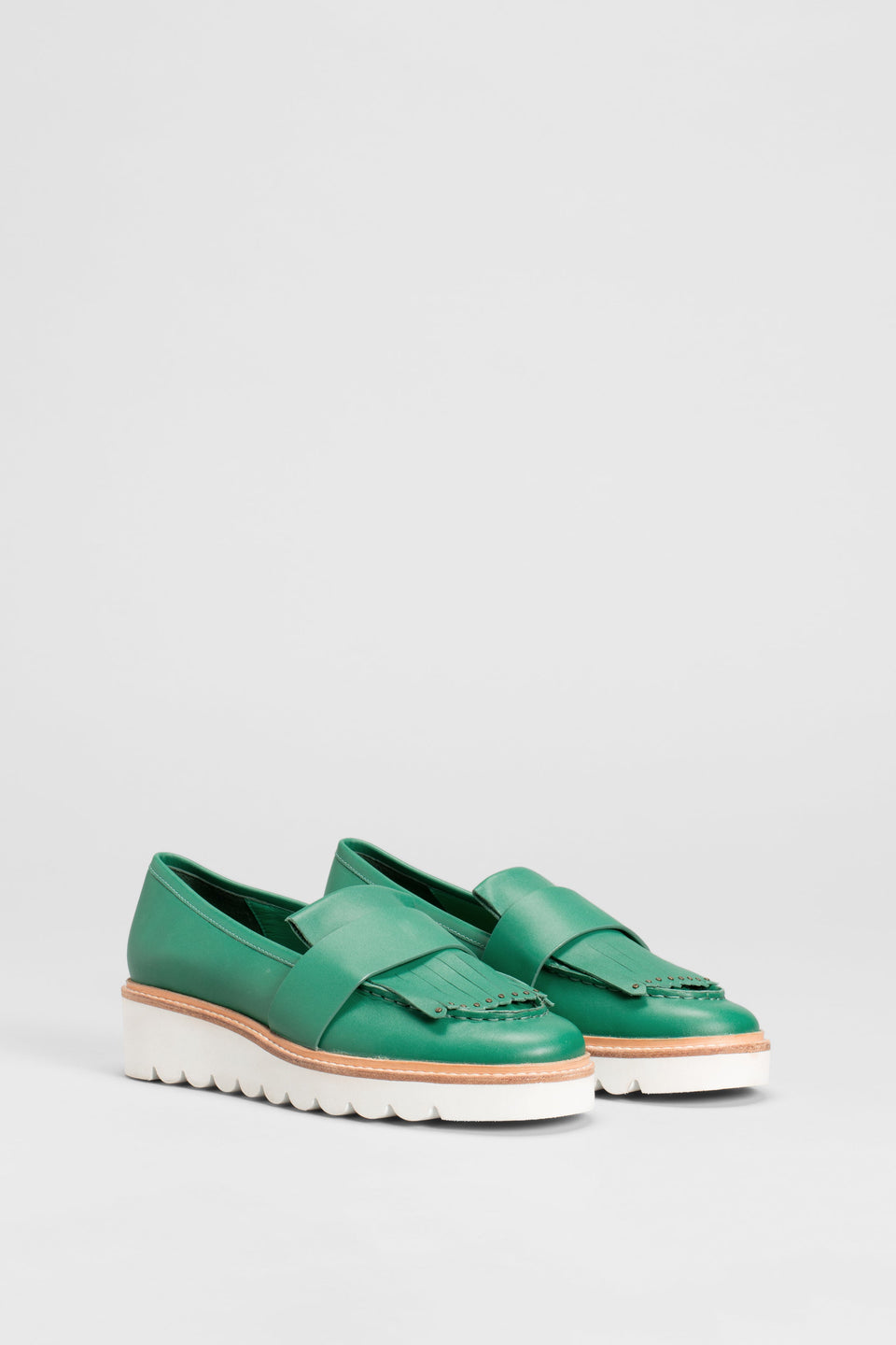 Vinna Chunky Leather Loafer Angled Front | GREEN