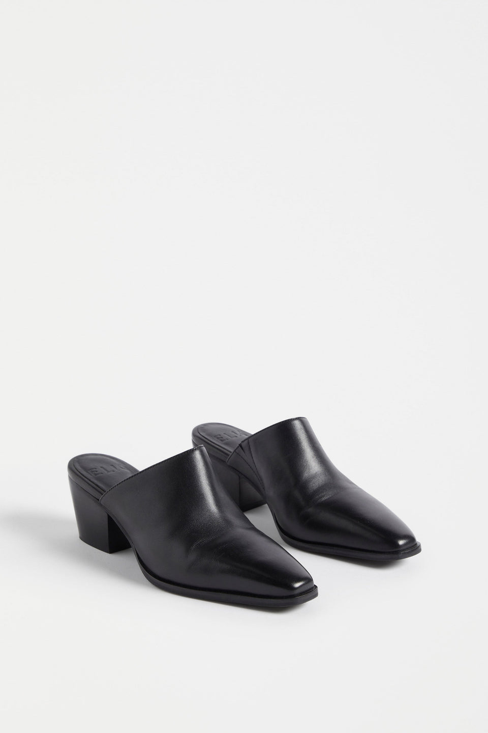 Elis Square Toed Leather Heeled Mule Angled Front | BLACK