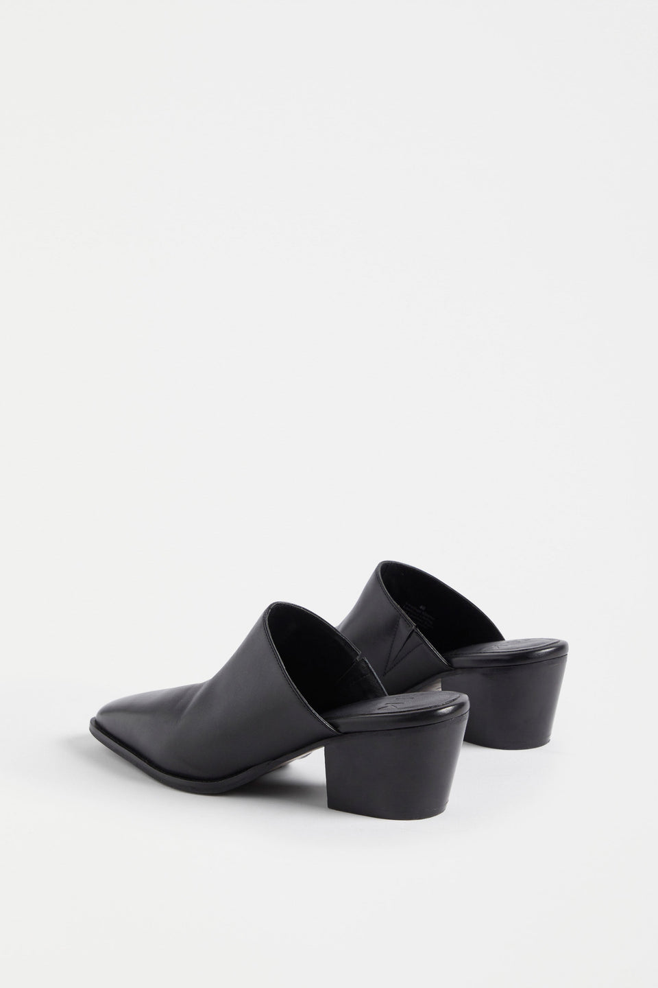 Elis Square Toed Leather Heeled Mule Angled Back | BLACK