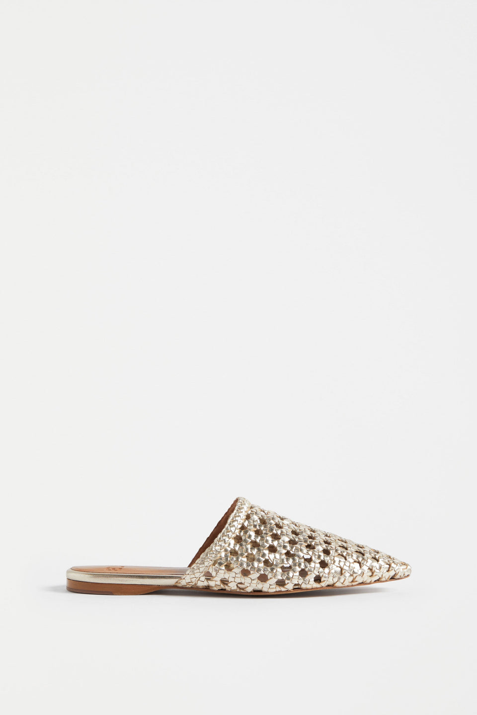 Lyd Woven Metallic Flat Pointed Toe Mule Side | GOLD