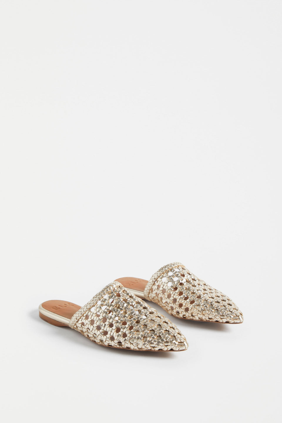 Lyd Woven Metallic Flat Pointed Toe Mule Angled Front | GOLD
