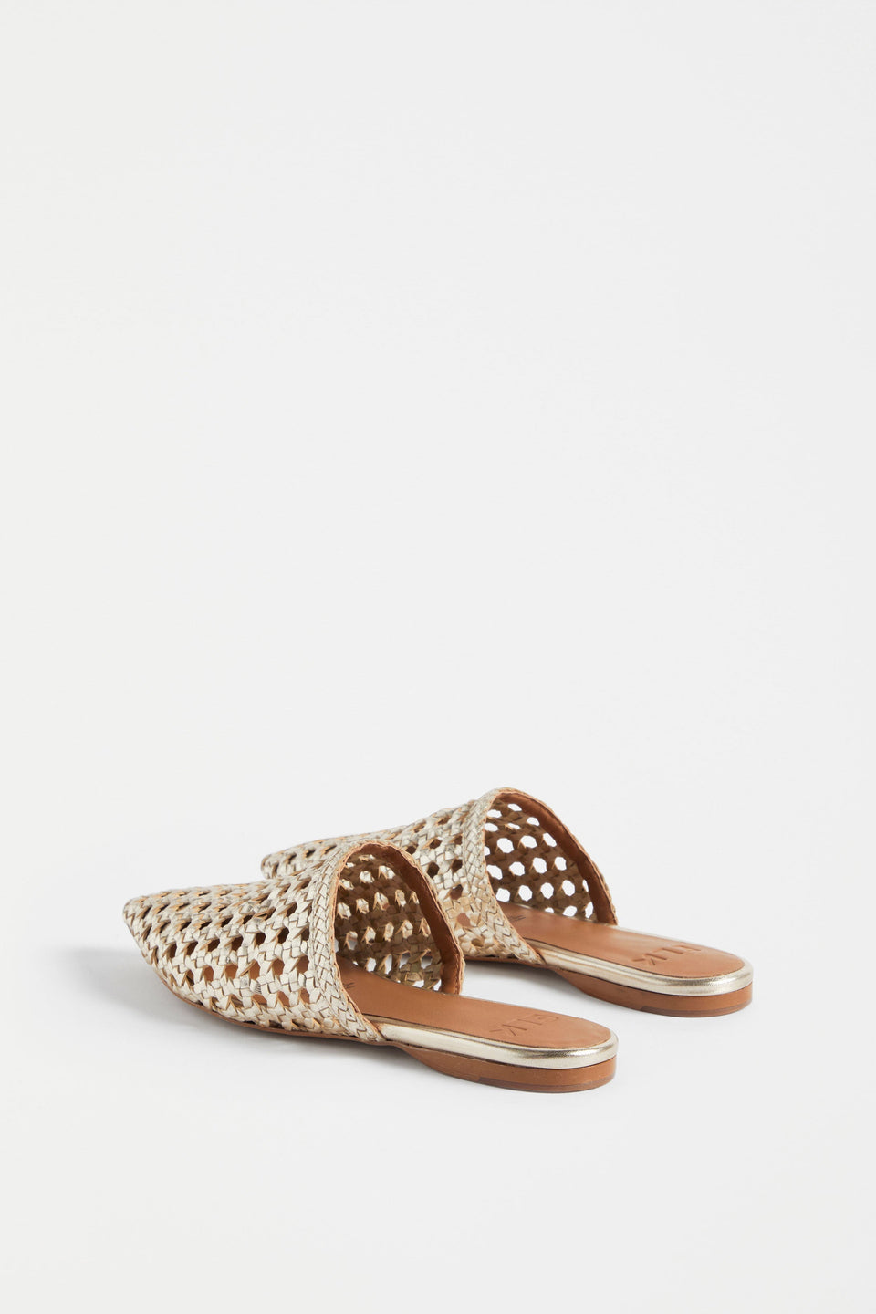 Lyd Woven Metallic Flat Pointed Toe Mule Angled Back | GOLD