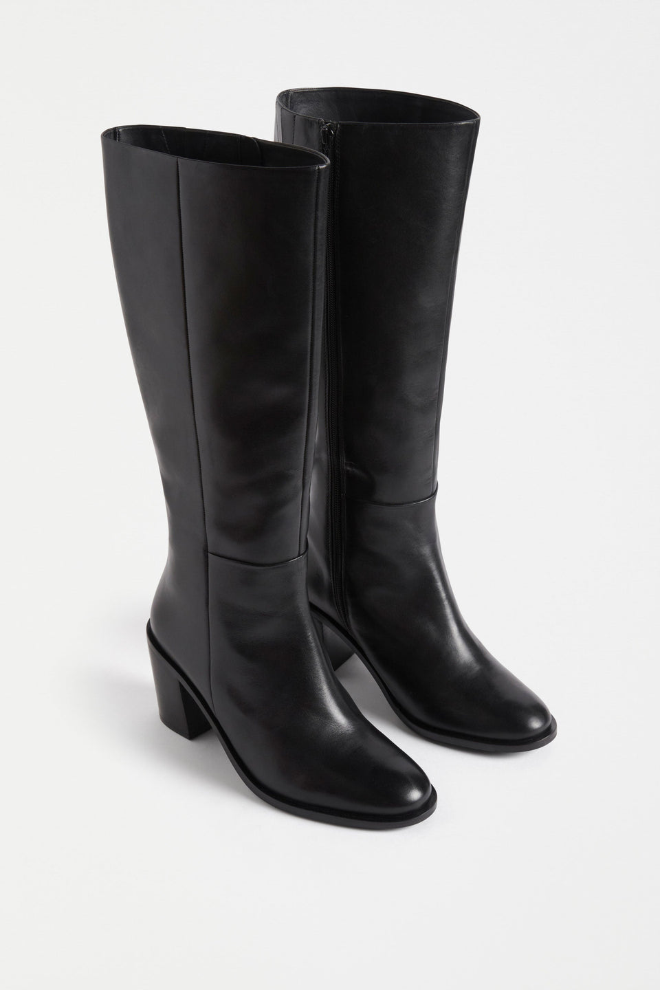 Jur Knee High Zip Up Leather Heeled Boot Angled Front | BLACK