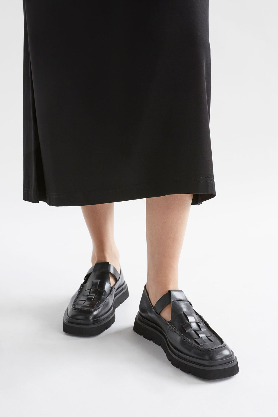 Vadna T-bar Woven Leather Loafer Model Front | BLACK