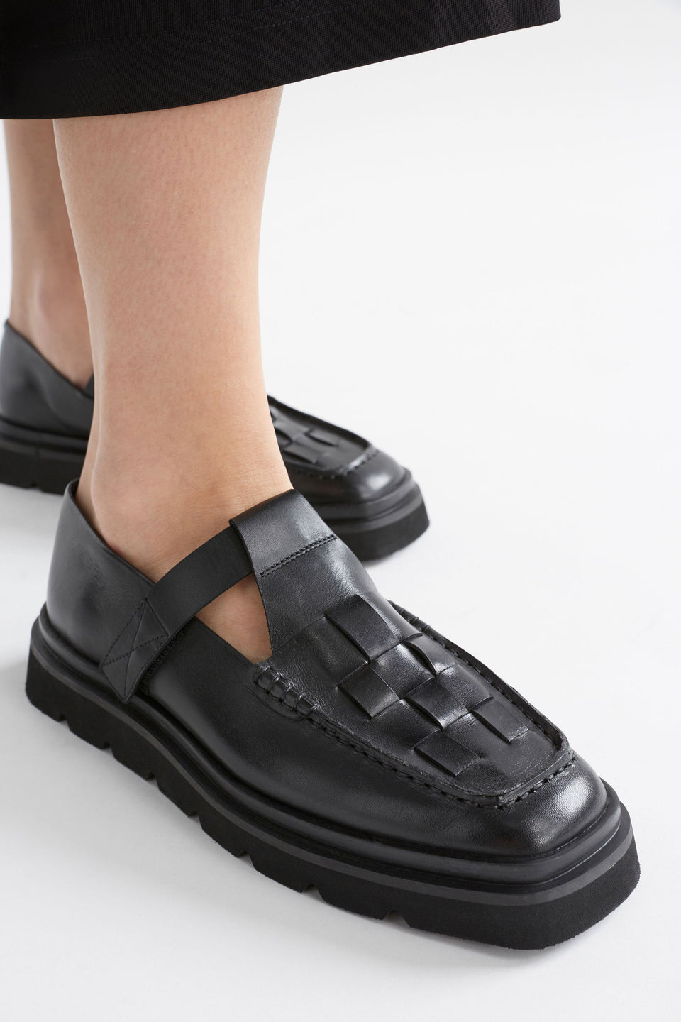 Vadna T-bar Woven Leather Loafer Model Angled Front | BLACK
