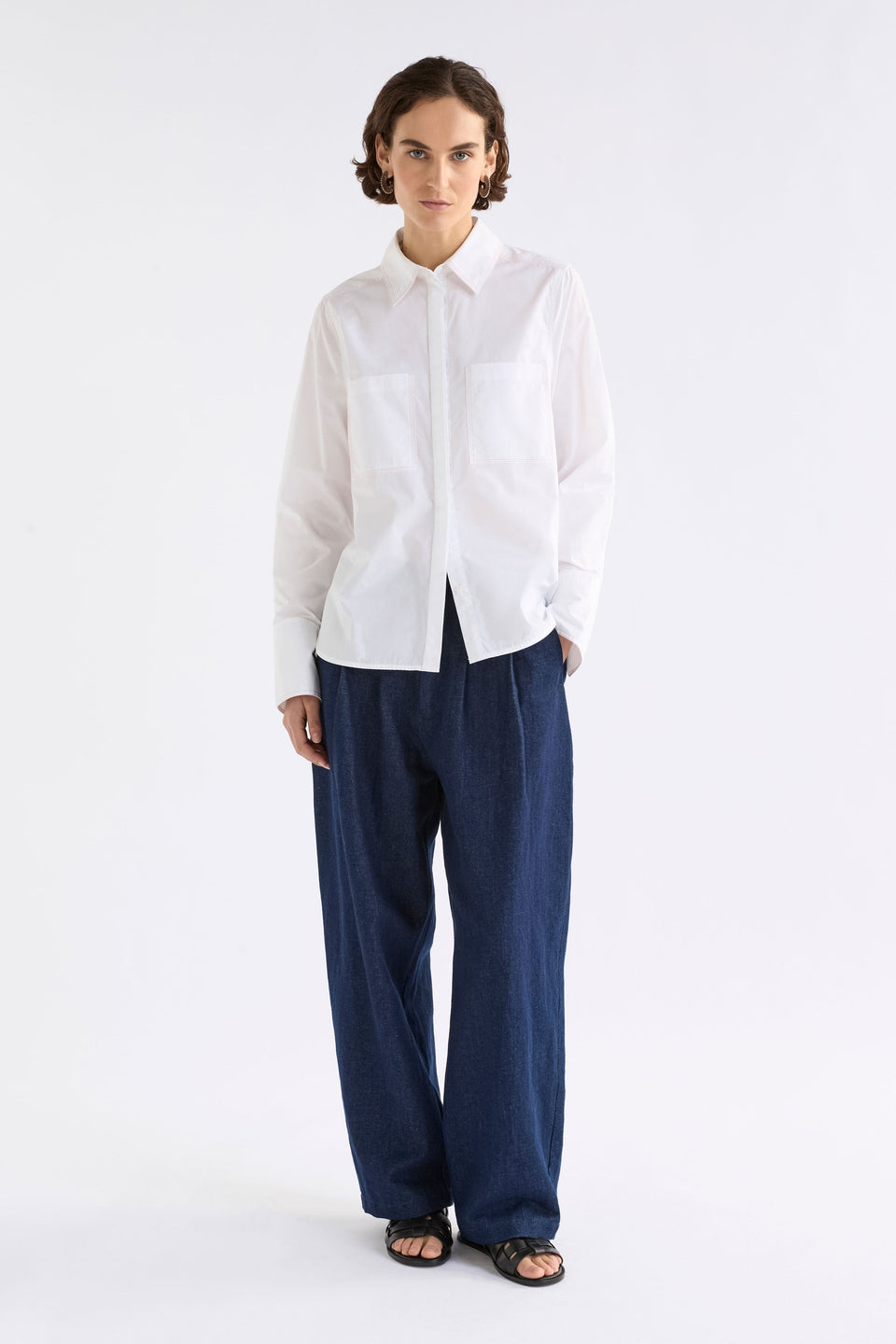 Decla Jean on Model styled with shirt | DARK BLUE WASH