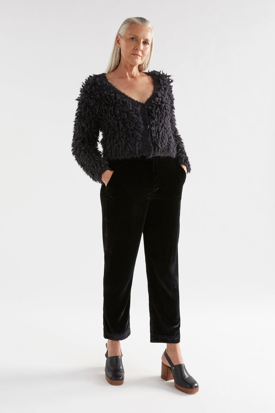Arnon Chunky Fluffy Alpaca Cropped Cardigan Model Front Full Body | BLACK