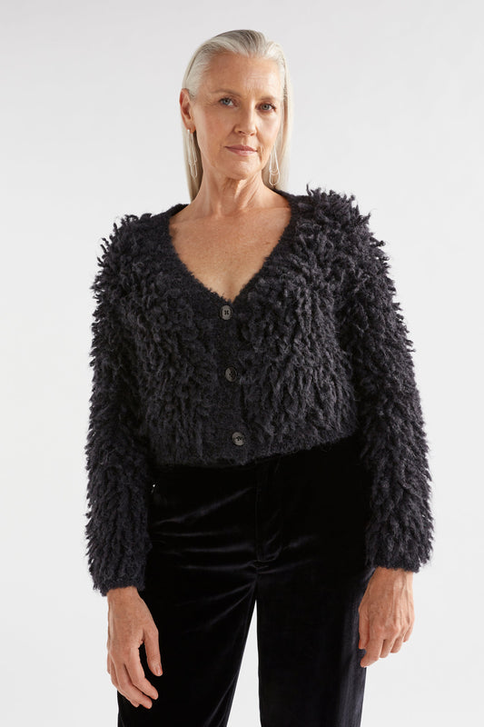 Arnon Chunky Fluffy Alpaca Cropped Cardigan Model Front | BLACK