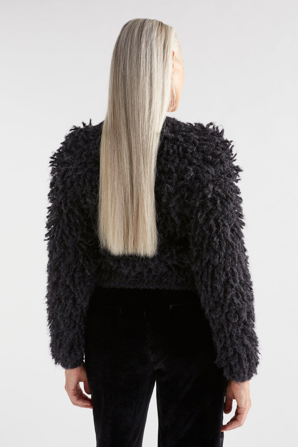 Arnon Chunky Fluffy Alpaca Cropped Cardigan Model Back | BLACK
