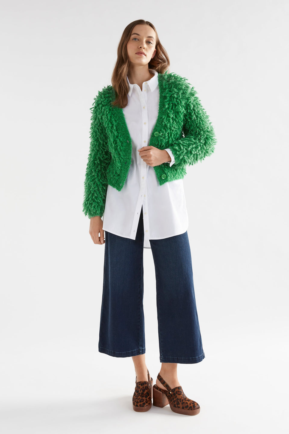 Arnon Chunky Fluffy Alpaca Cropped Cardigan Model Full Body | IVY GREEN