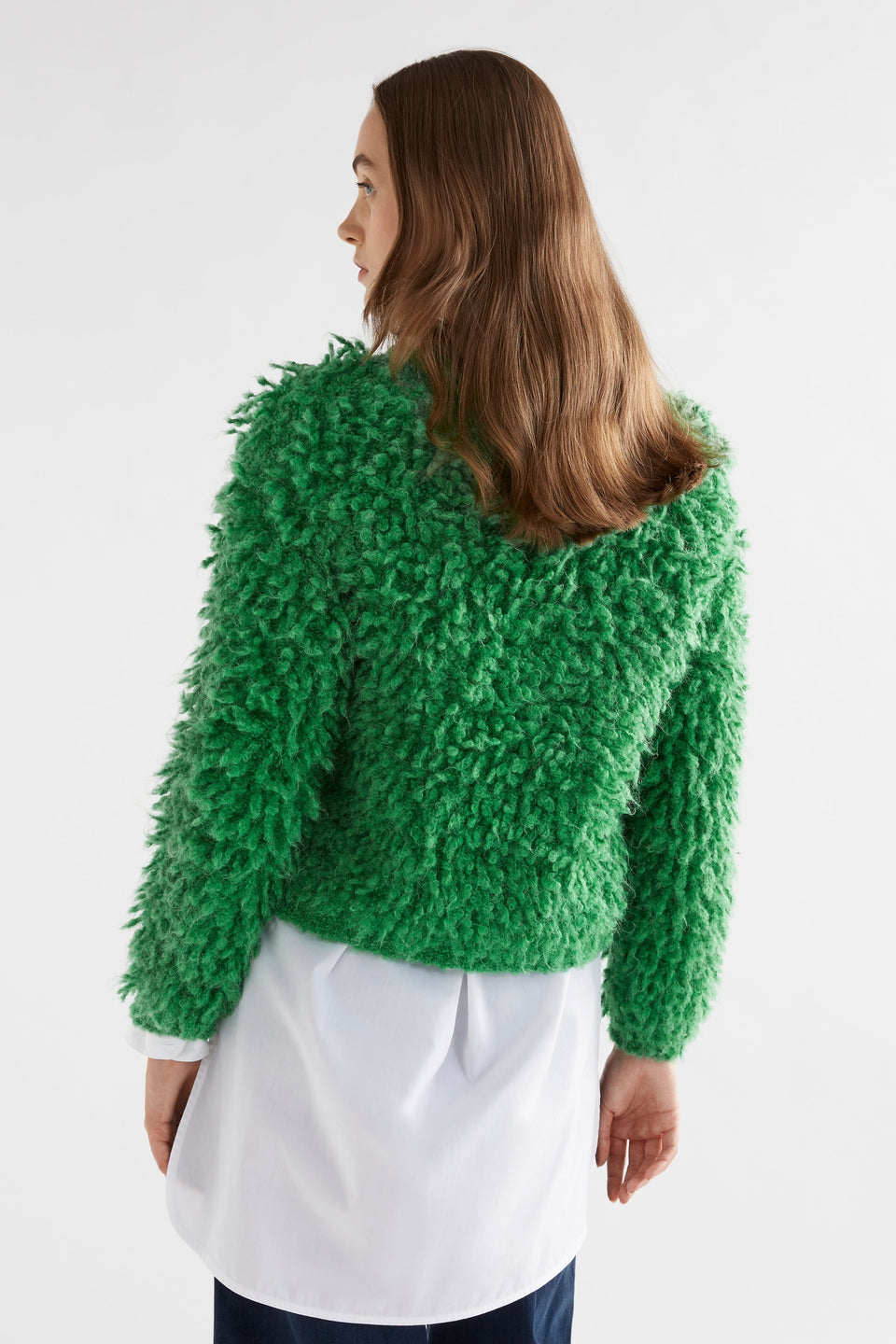 Arnon Chunky Fluffy Alpaca Cropped Cardigan Model Back | IVY GREEN