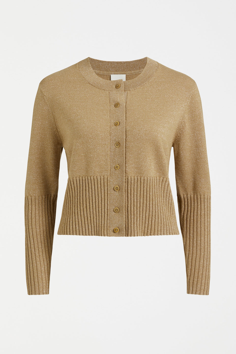 Finby Metallic Merino Round Neck Ribbed Cardigan Front | TAUPE GOLD