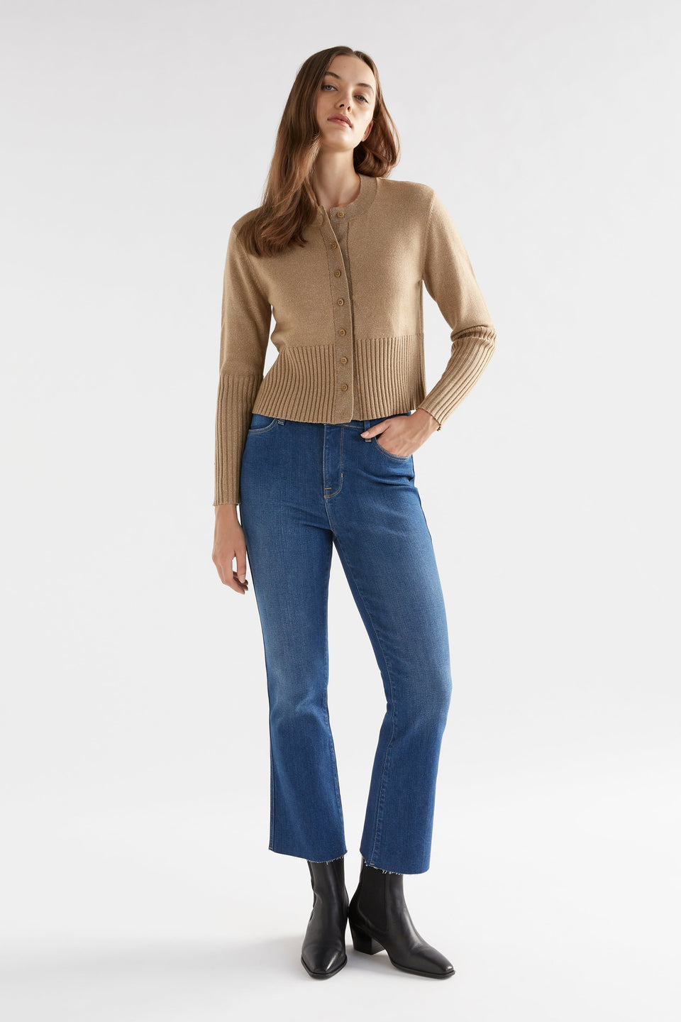 Finby Metallic Merino Round Neck Ribbed Cardigan Model Front Full Body | TAUPE GOLD