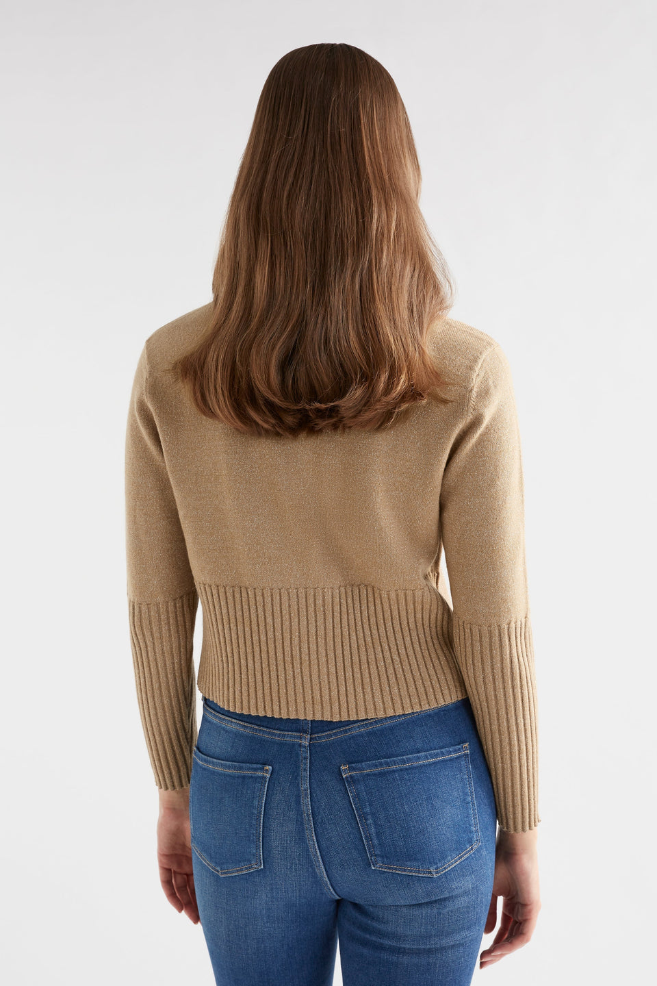 Finby Metallic Merino Round Neck Ribbed Cardigan Model Back | TAUPE GOLD