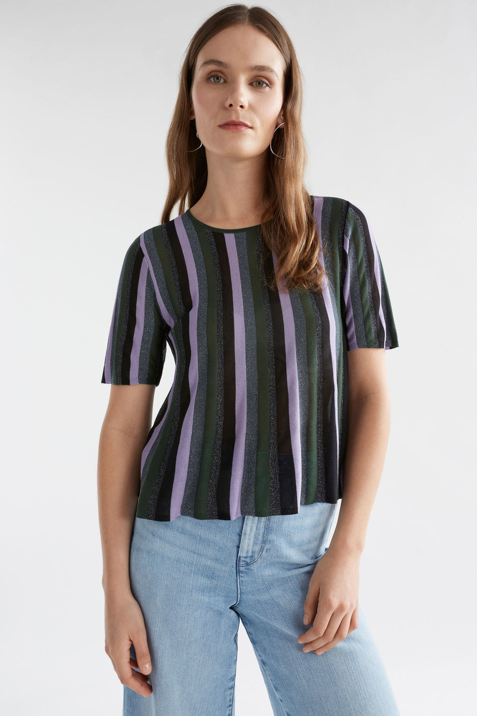 Rik Lurex Metallic Stripe A-line Hem Short Sleeve Knit Top Model Front | MULTI METALLIC STRIPE

