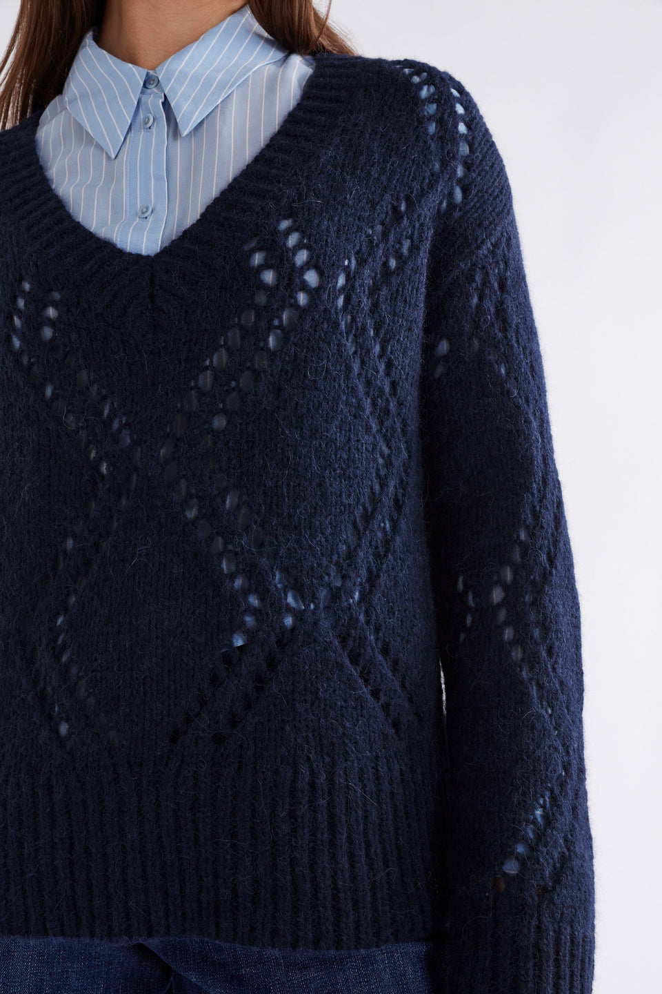 Sirona Argyle Pointelle Knit Sweater Model Front Detail | STEEL BLUE