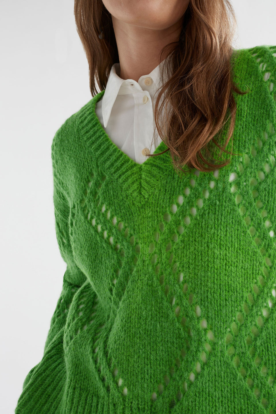 Sirona Argyle Pointelle Knit Sweater Model Front detail | CELERY GREEN
