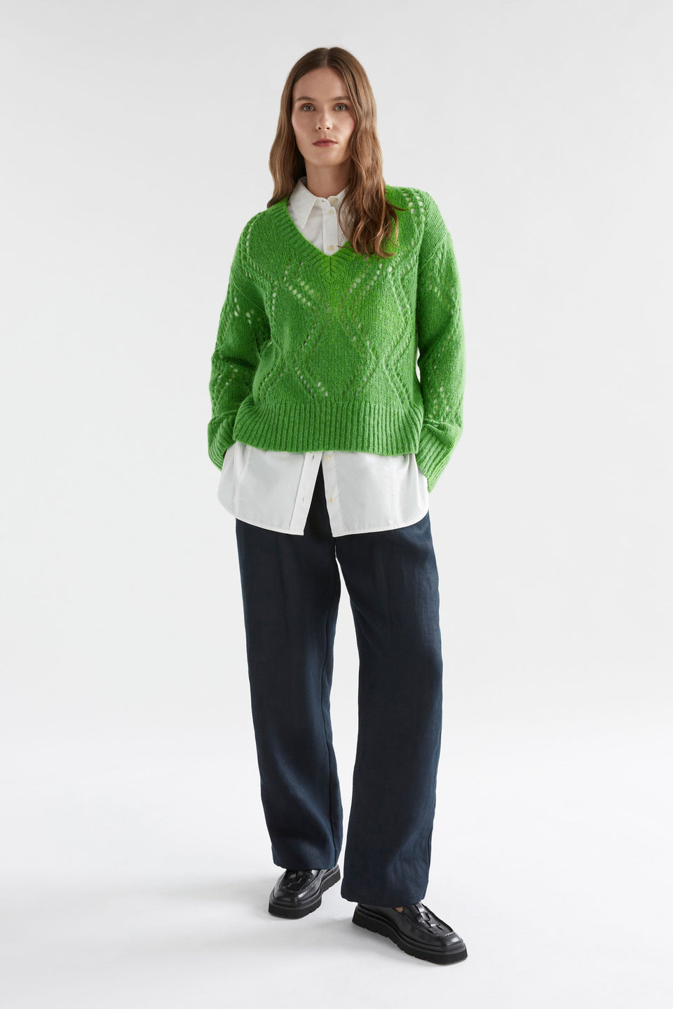 Sirona Argyle Pointelle Knit Sweater Model Front Full Body | CELERY GREEN