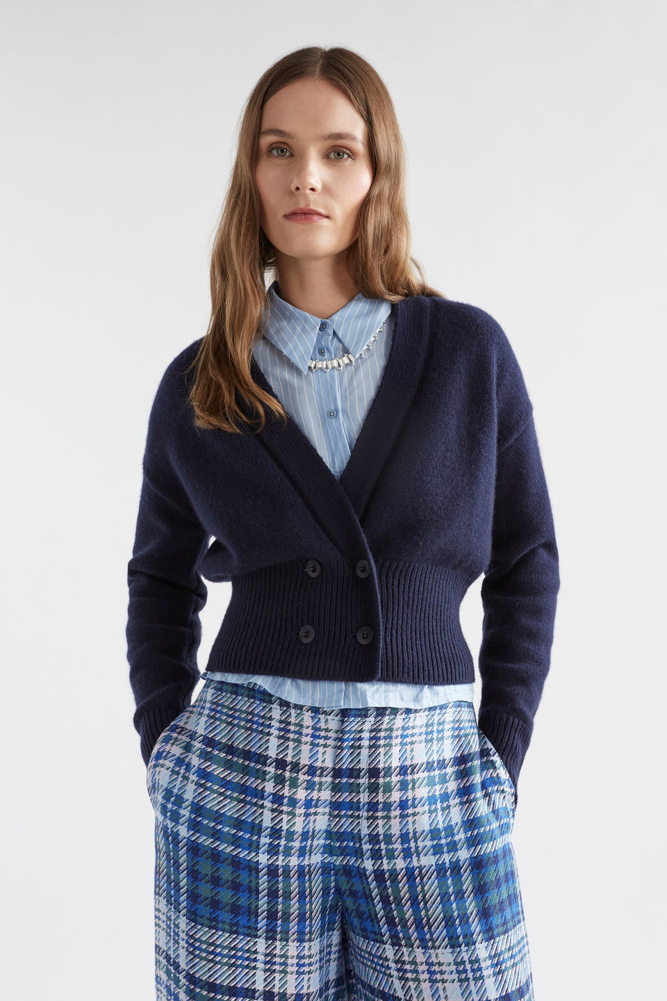 Knytte Double Breasted Organic Cotton and Merino Cropped V-neck Cardigan Model Front | NEW NAVY