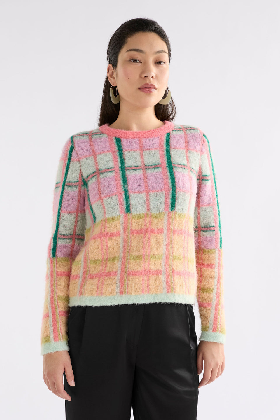 Ostti Alpaca Merino Wool Bold Coloured Check Fluffy Sweater Model Front | PINK PUNCH CHECK