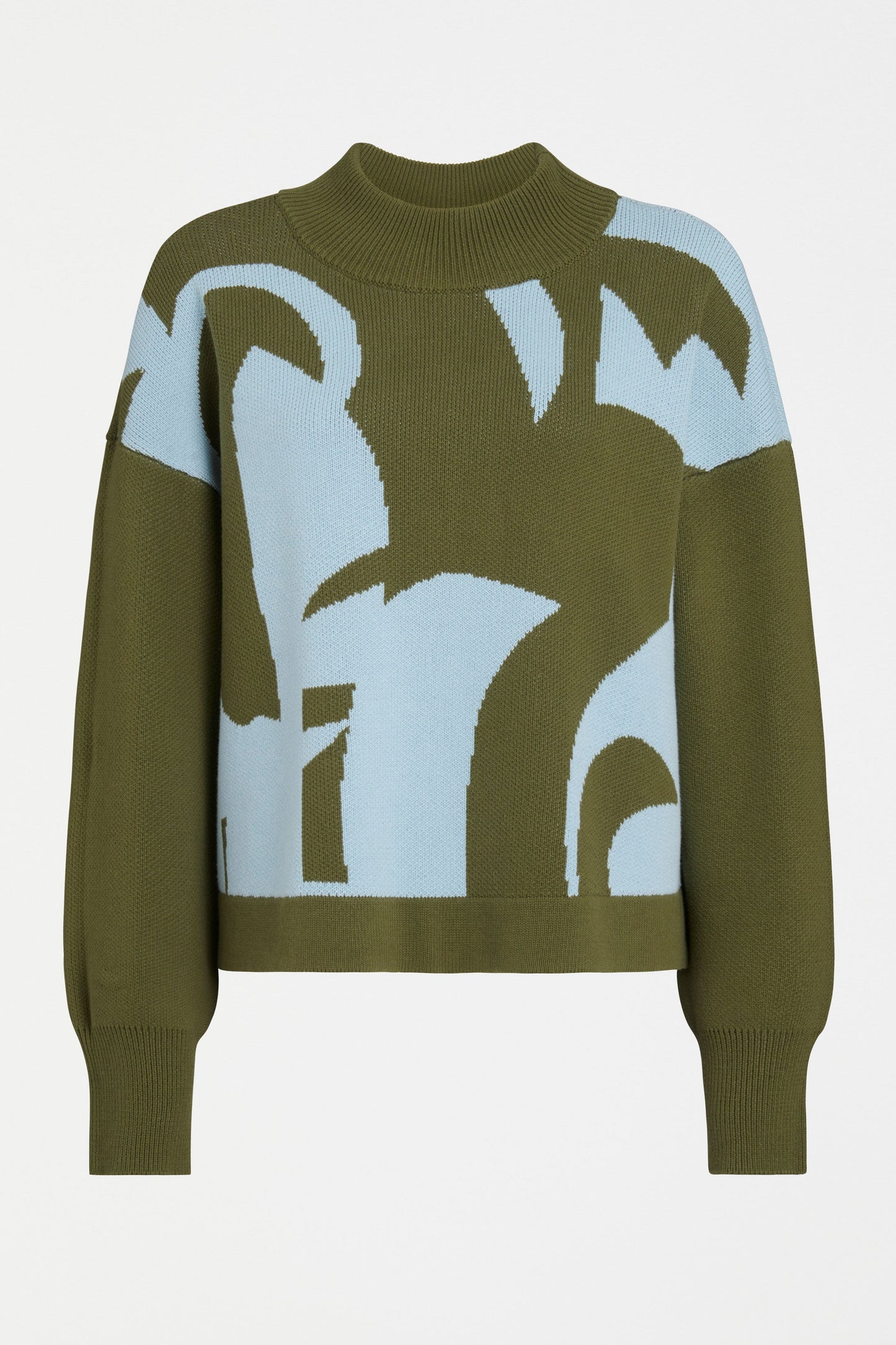Leben Organic Cotton Jacquard Pattern Funnel Neck Knit Sweater Front | WASHER BLUE ARTICHOKE