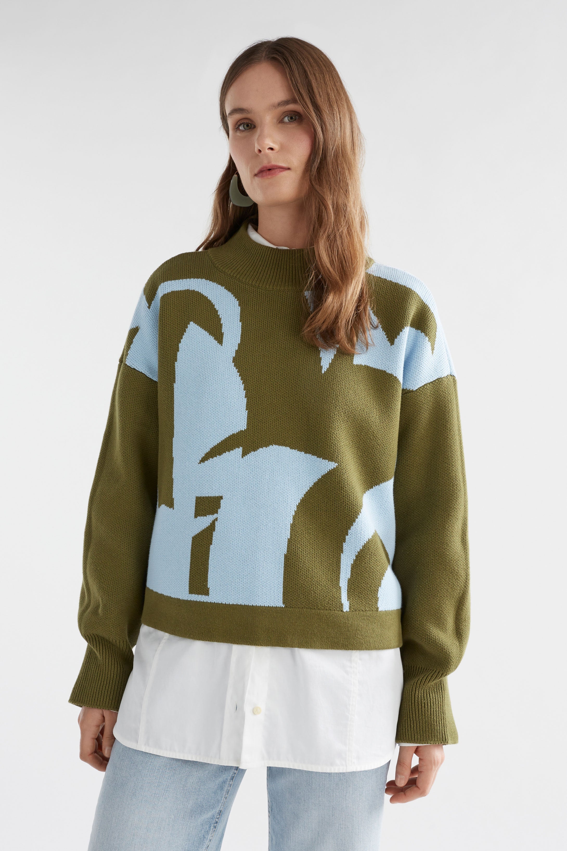 Leben Organic Cotton Jacquard Pattern Funnel Neck Knit Sweater Model Front | WASHER BLUE ARTICHOKE