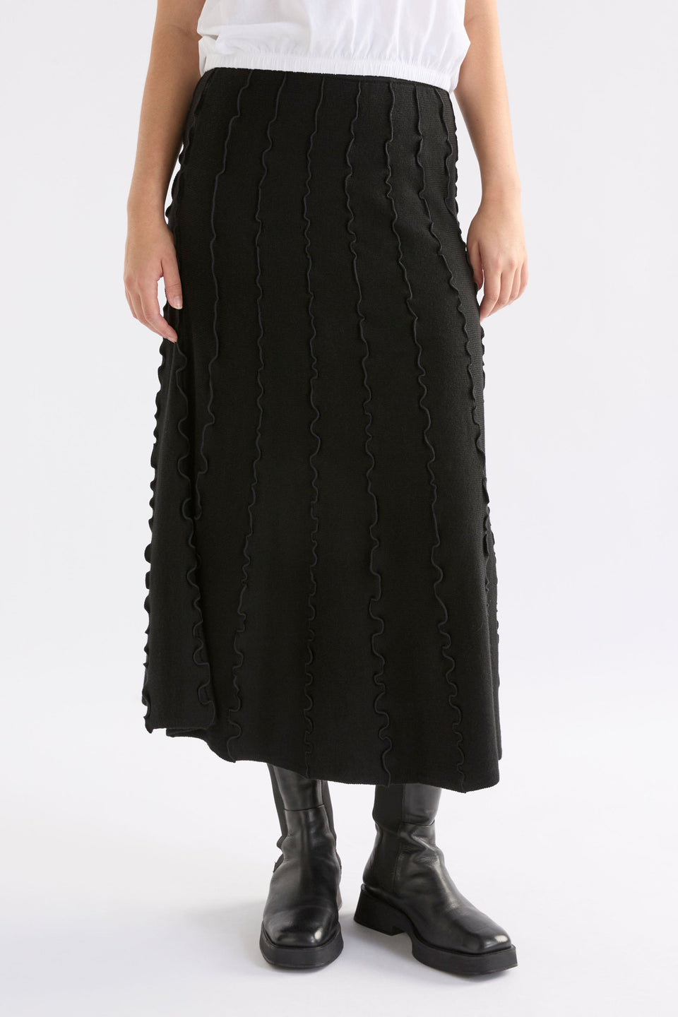 Musse Merino Wool Blend Knit Midi Skirt with Wiggle Textured Stripes Model  Front Crop | BLACK