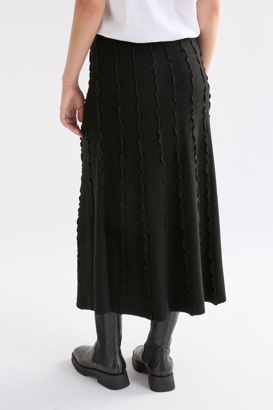 Musse Merino Wool Blend Knit Midi Skirt with Wiggle Textured Stripes Model  Back | BLACK
