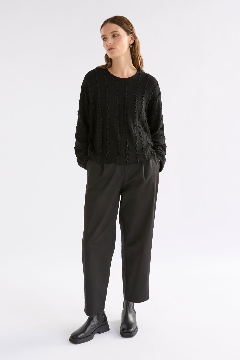 Musse Merino Wool Blend Knit Sweater with Wiggle Textured Stripes Model  Front Full Body | BLACK