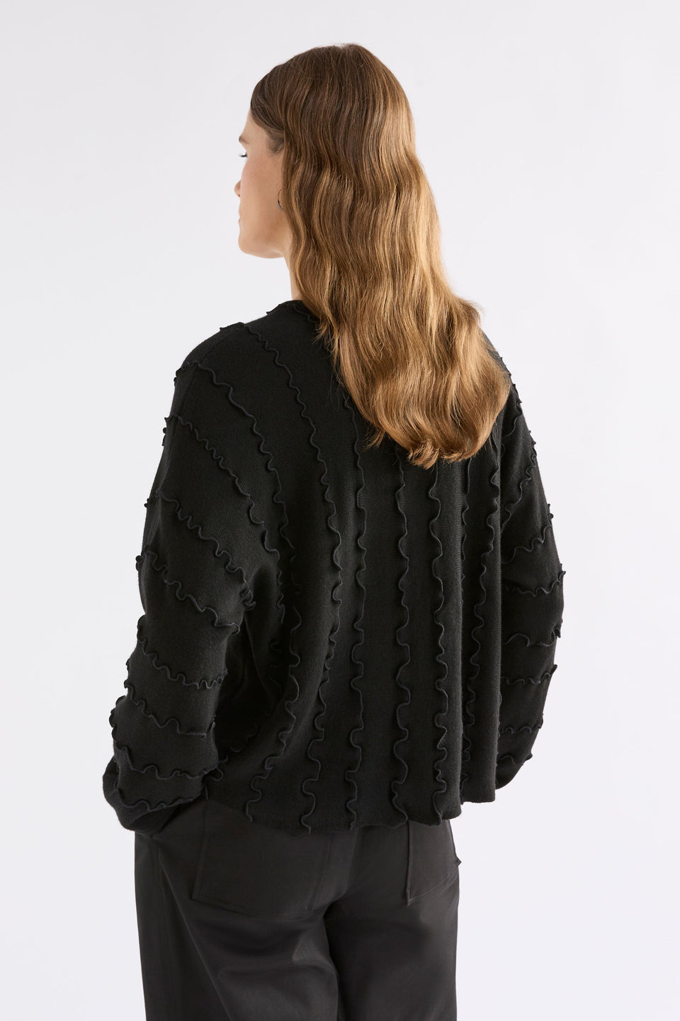 Musse Merino Wool Blend Knit Sweater with Wiggle Textured Stripes Model  Back | BLACK