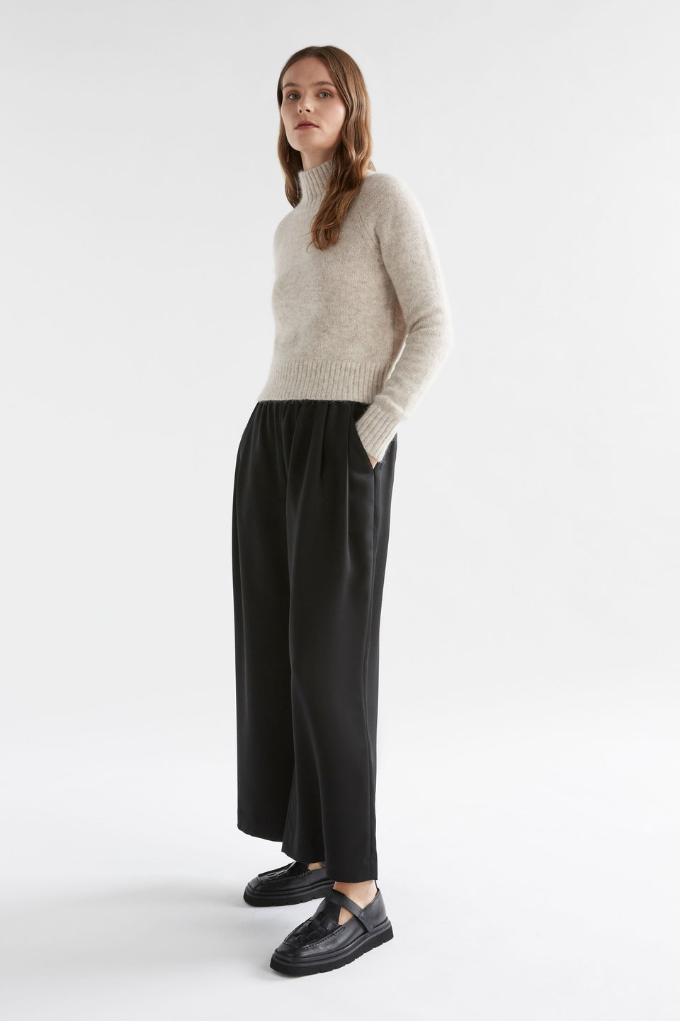 Enka Neat Fit Funnel Neck Sweater Model Side Full Body | ECRU