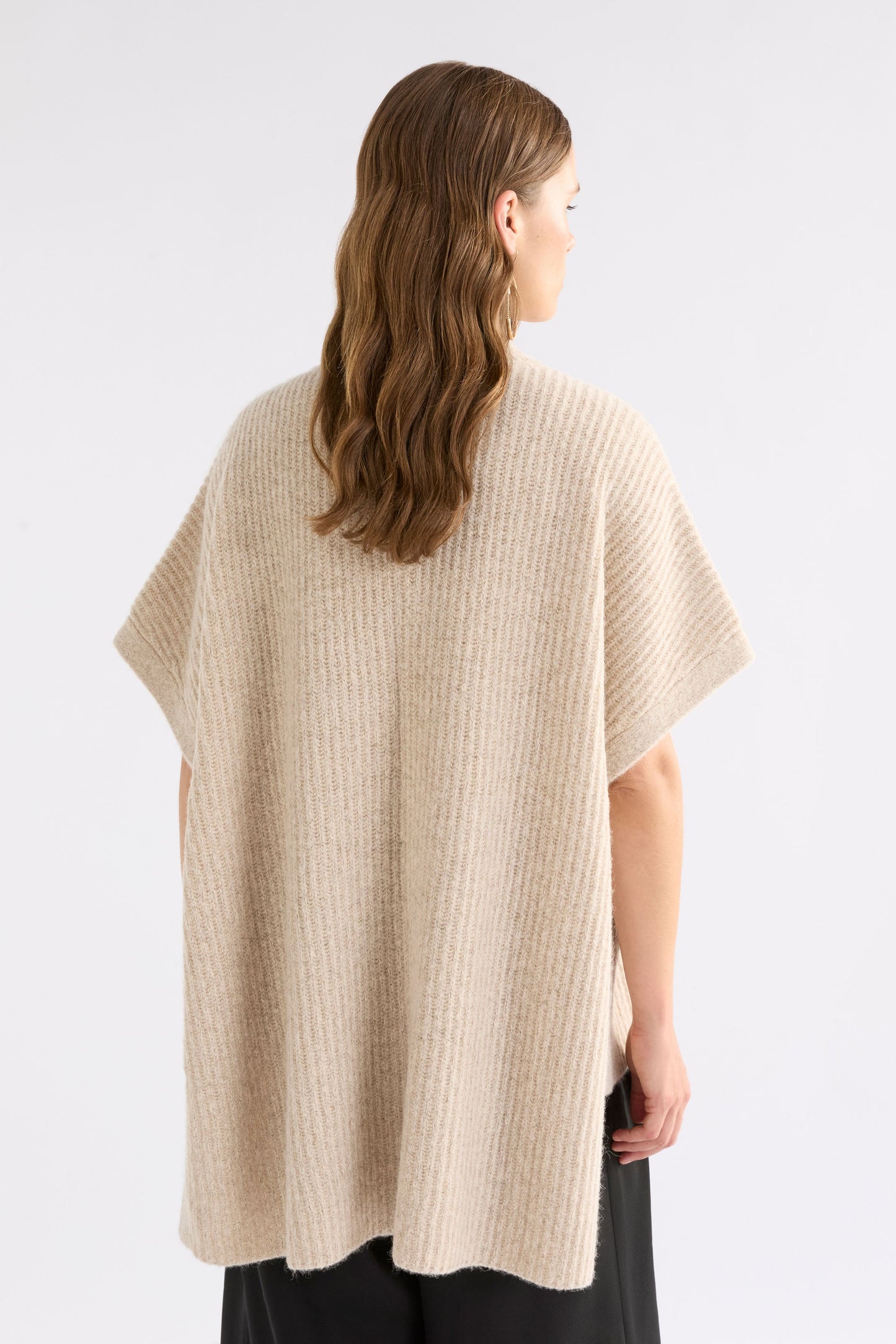 Kaanto Boxy Funnel Neck Rib Stitch Alpaca-Merino Wool Poncho Model Back | LATTE