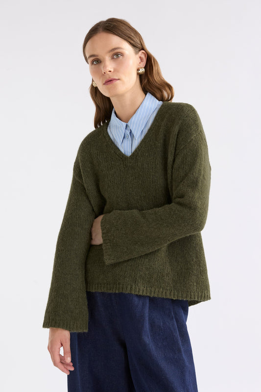 Anken V-Neck Bell Sleeve Alpaca Merino Knit Sweater Model Front | DARK OLIVE