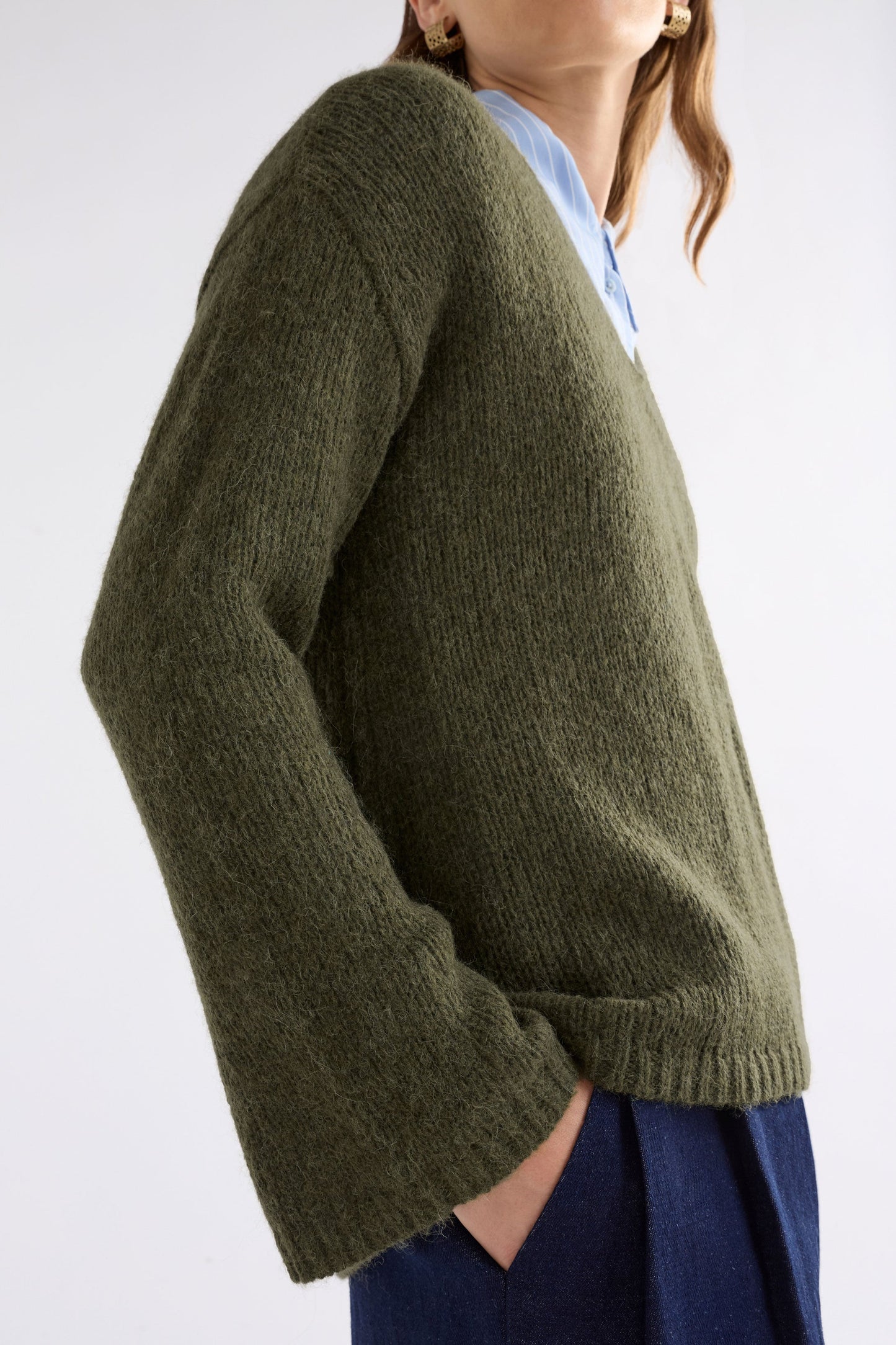 Anken V-Neck Bell Sleeve Alpaca Merino Knit Sweater Model Side | DARK OLIVE