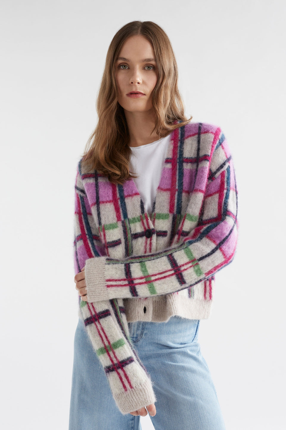 Ostti Alpaca Merino Wool Bold Coloured Check V-neck Cardigan Model Front | NEW NAVY CHECK