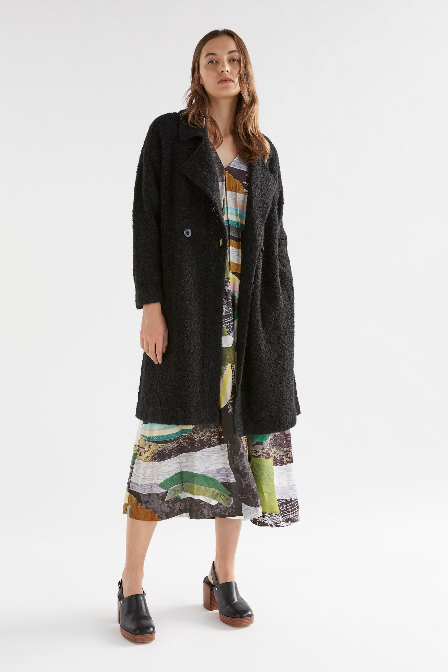 Tische Long Line Double Breasted Boucle Button Up Coatigan Cardigan Model Front with Lenne Dress | BLACK