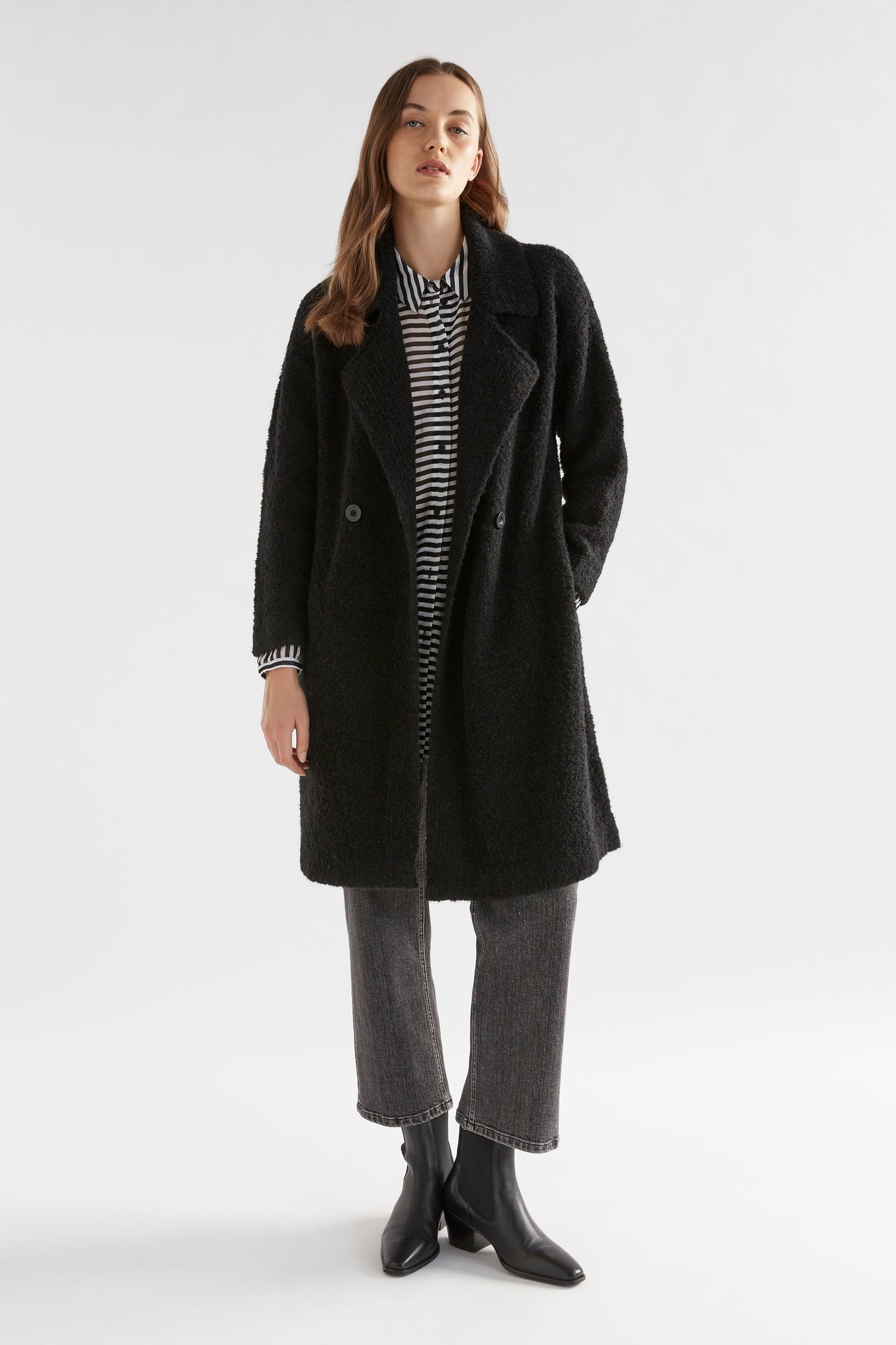 Tische Long Line Double Breasted Boucle Button Up Coatigan Cardigan Model Front | BLACK