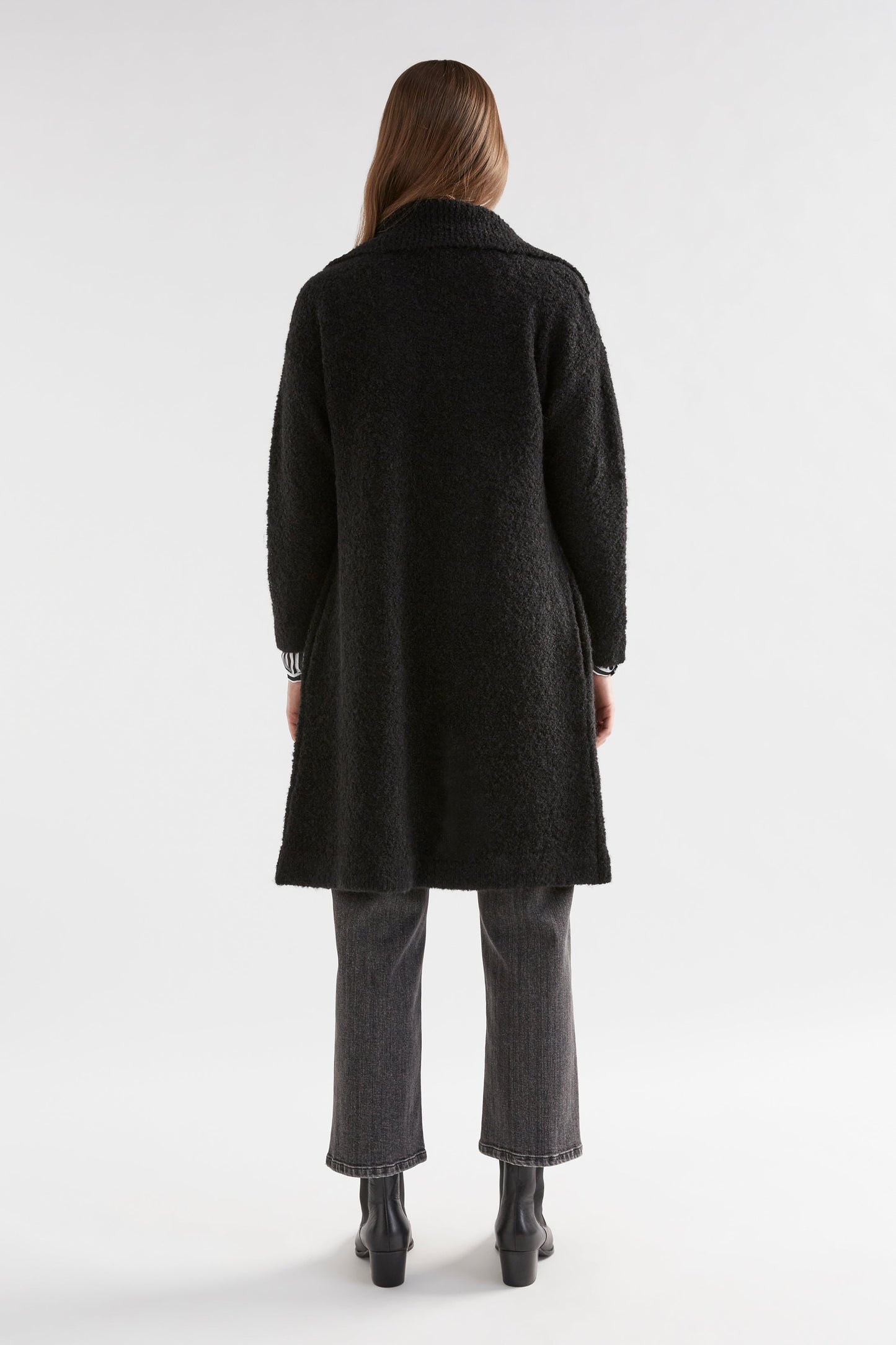 Tische Long Line Double Breasted Boucle Button Up Coatigan Cardigan Model Back | BLACK
