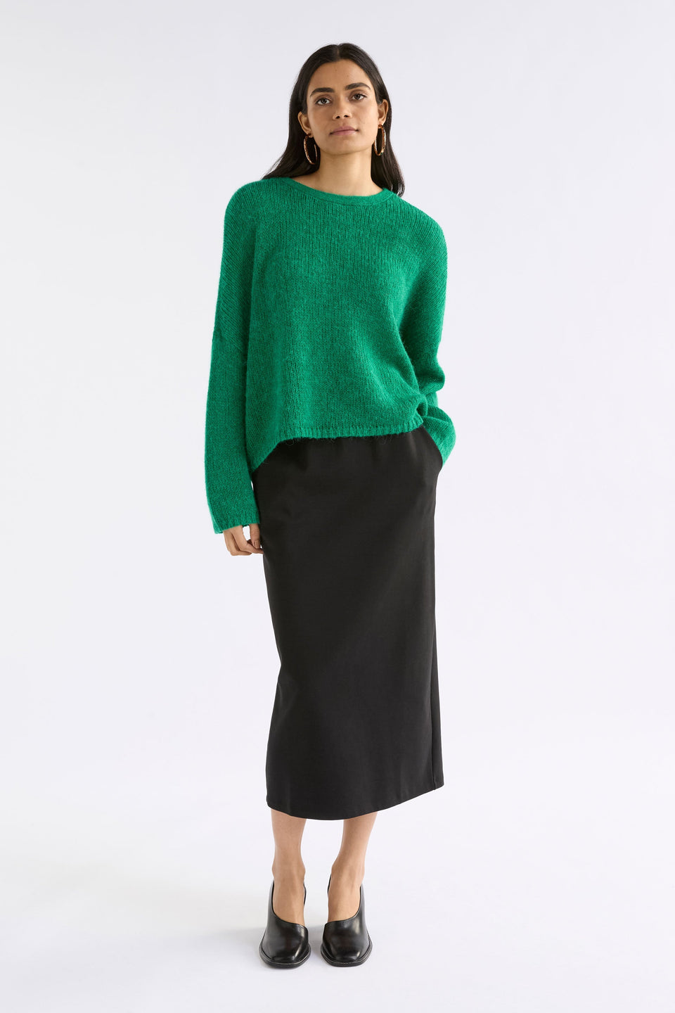 Agna Relaxed Box Fit Alpaca Yarn Knit Sweater Model Front full body  | MILAN GREEN