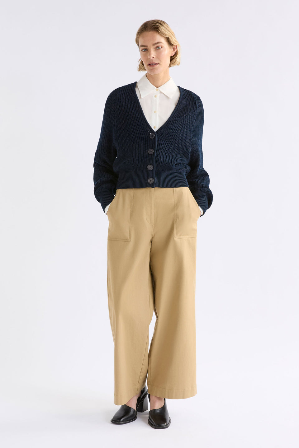 Saari Cardigan on Model Full Length | BRIGHT NAVY