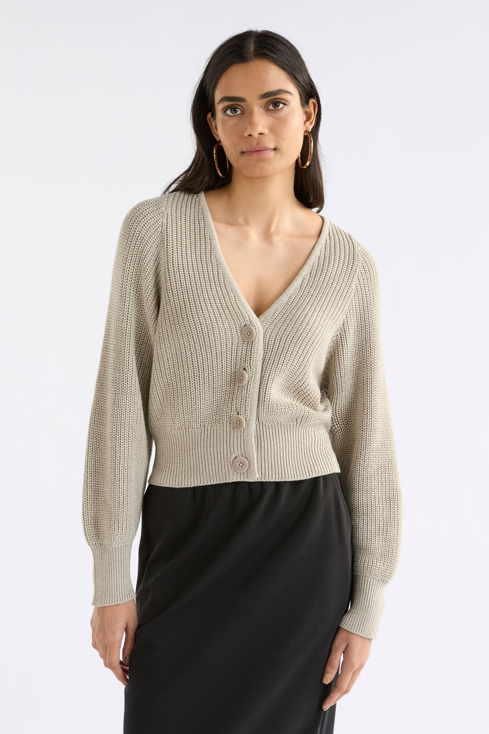 Saari Cardigan on Model Close Up view of buttons | ECRU