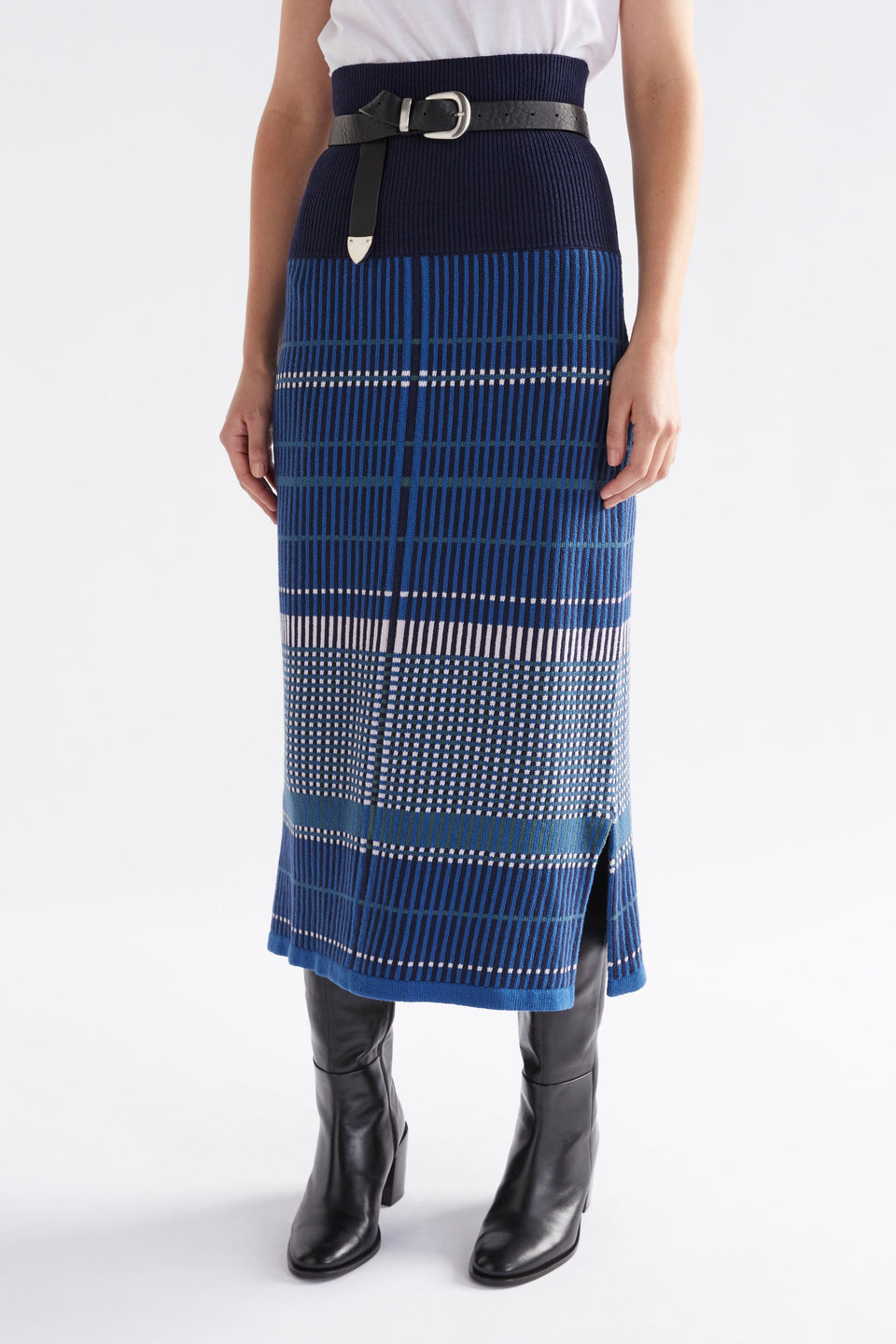 Cila Multi Check Organic Cotton Knit Midi Skirt Model Front Crop  | BLUE MULTI