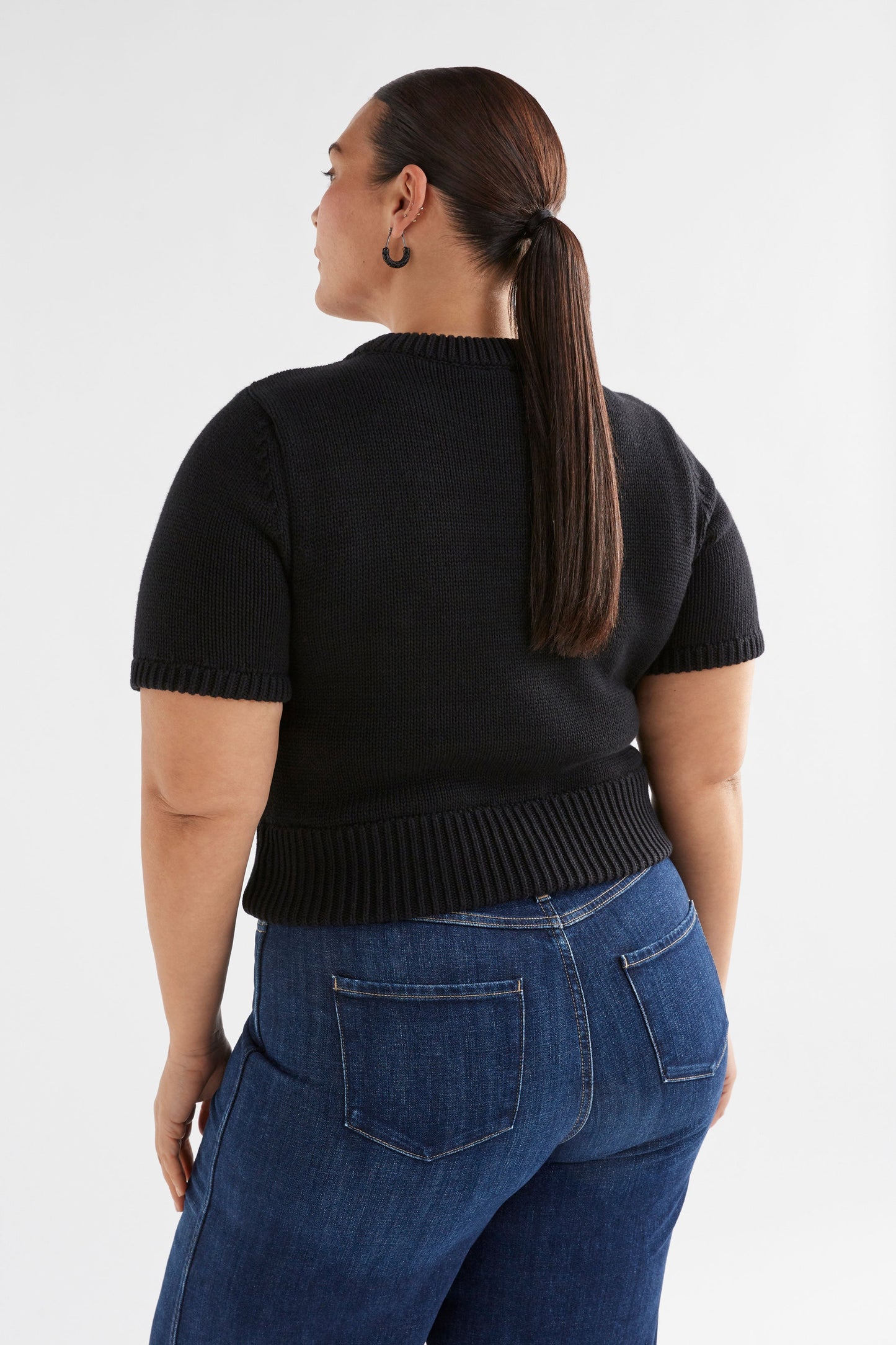 Luft Organic Cotton Chunky Tshirt Knit Top Model back | BLACK
