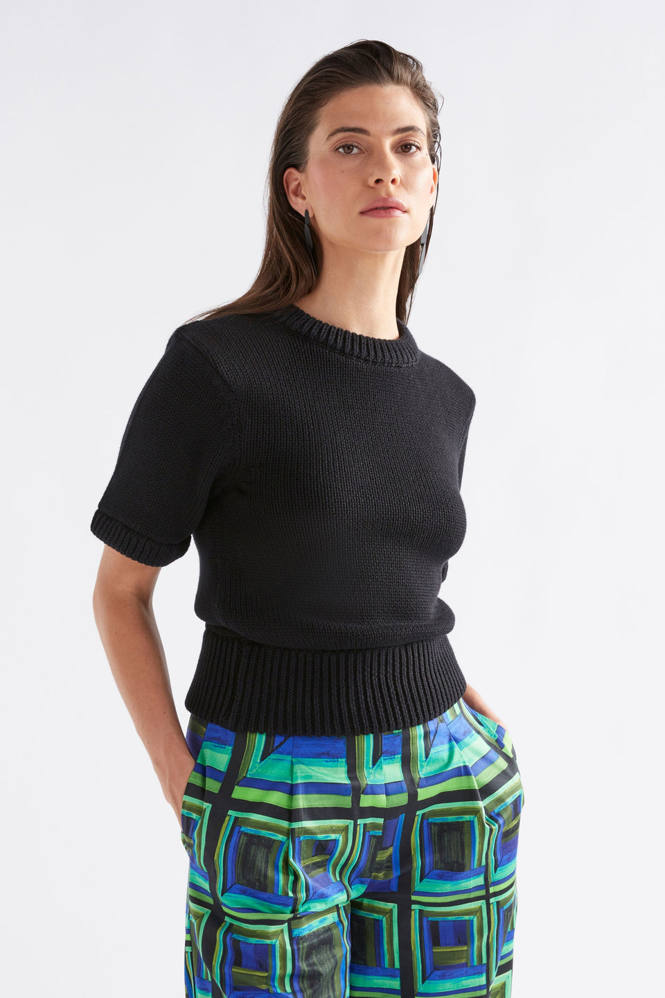 Luft Organic Cotton Chunky Tshirt Knit Top Model Front | BLACK